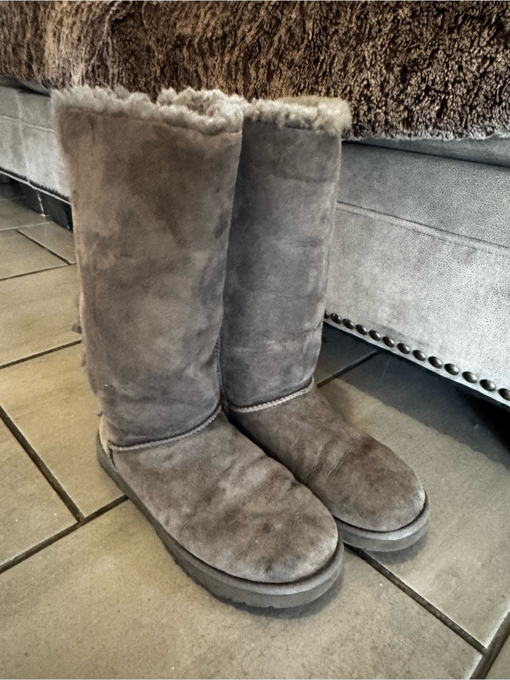 UGG Tall Shearling-Lined Boots in Charcoal Gray